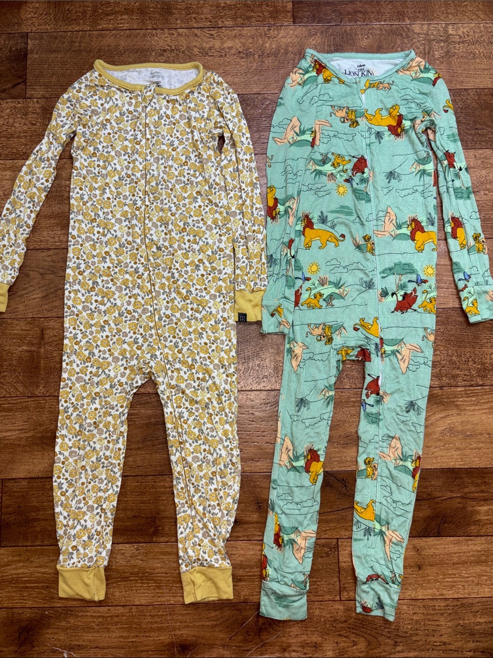 Bundle of 2 Kids 4T Footless One Piece Pajamas Yellow Floral Mint Lion King Zip